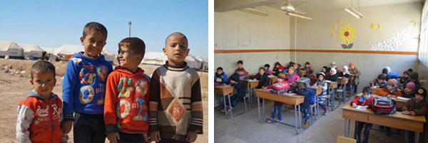 Schoolchildren receiving humanitarian aid during a ReliefAid distribution in Aleppo City, Syria